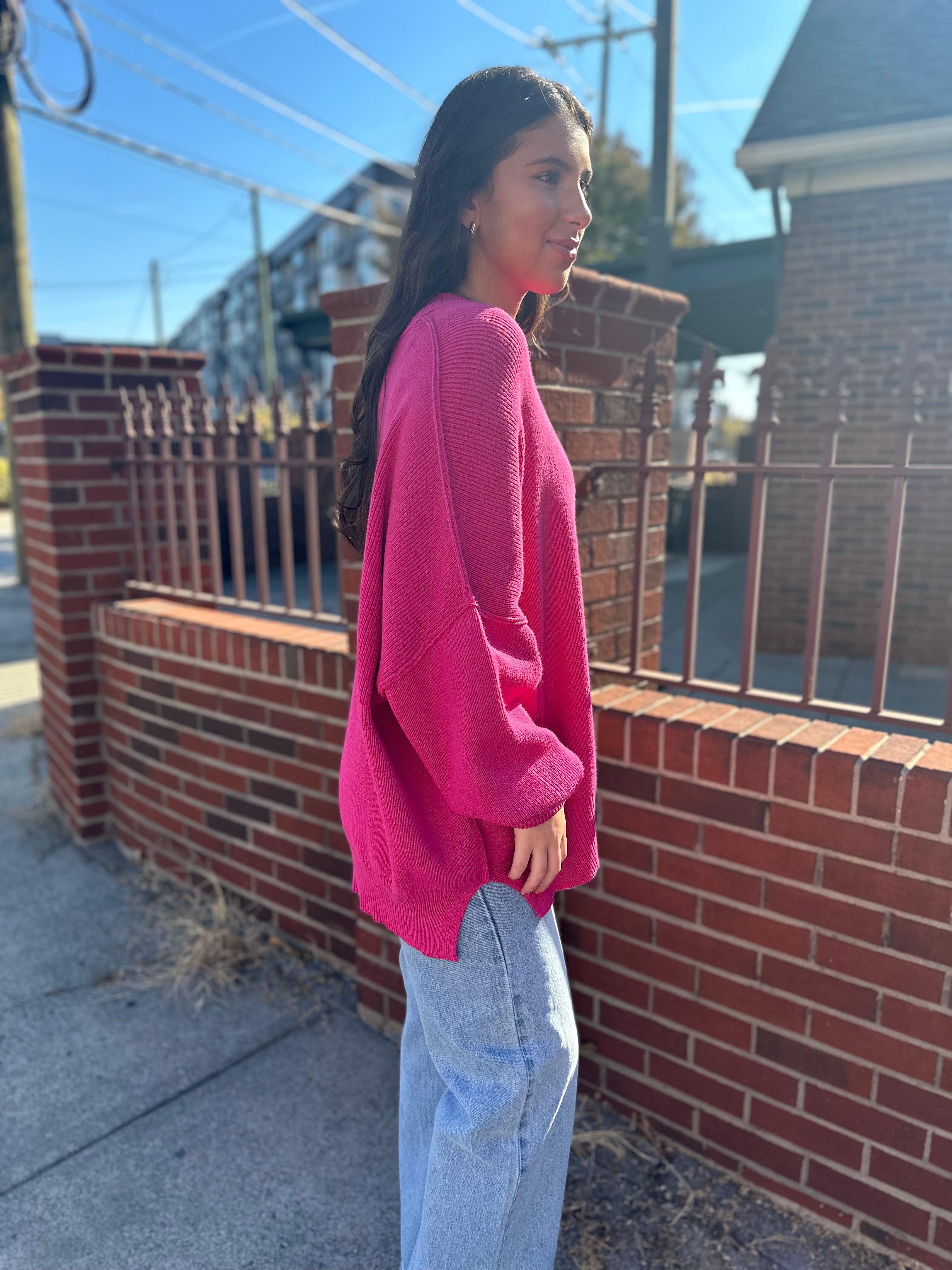 Hot pink sweater on sale outfit