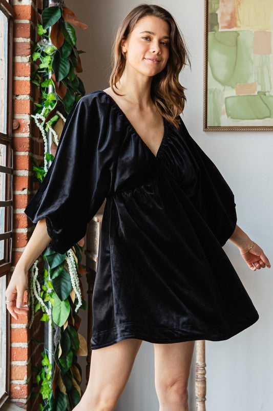 Velvet Puff Sleeve Dress- Black