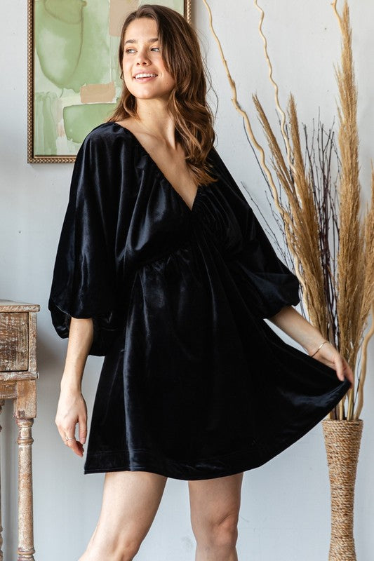 Velvet Puff Sleeve Dress- Black