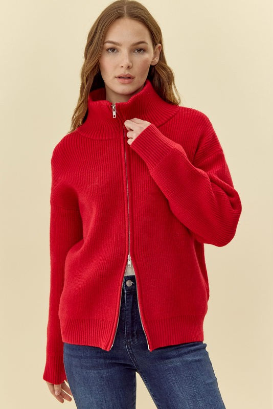 Ribbed Knit Zip Up Jacket- Red