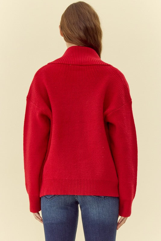 Ribbed Knit Zip Up Jacket- Red