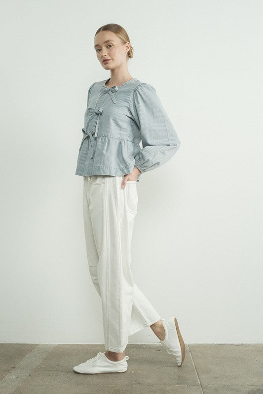 Long Sleeve Tie Top- Denim Stripe