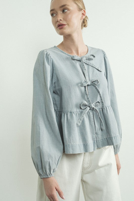 Long Sleeve Tie Top- Denim Stripe