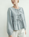 Long Sleeve Tie Top- Denim Stripe