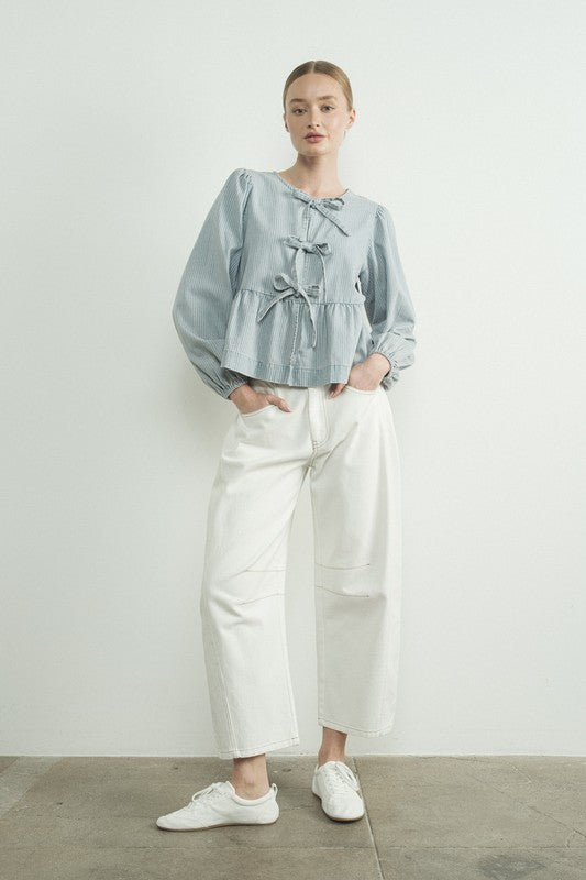 Long Sleeve Tie Top- Denim Stripe