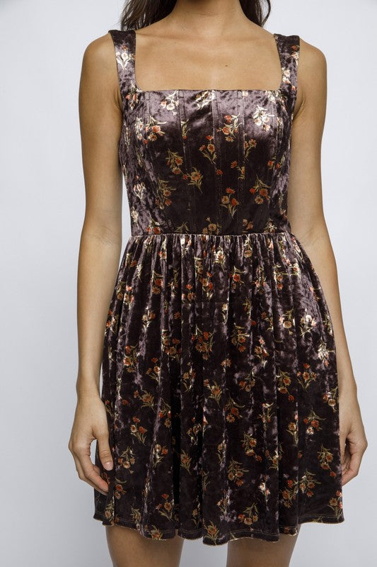 Velvet Bouquet Print Mini Dress